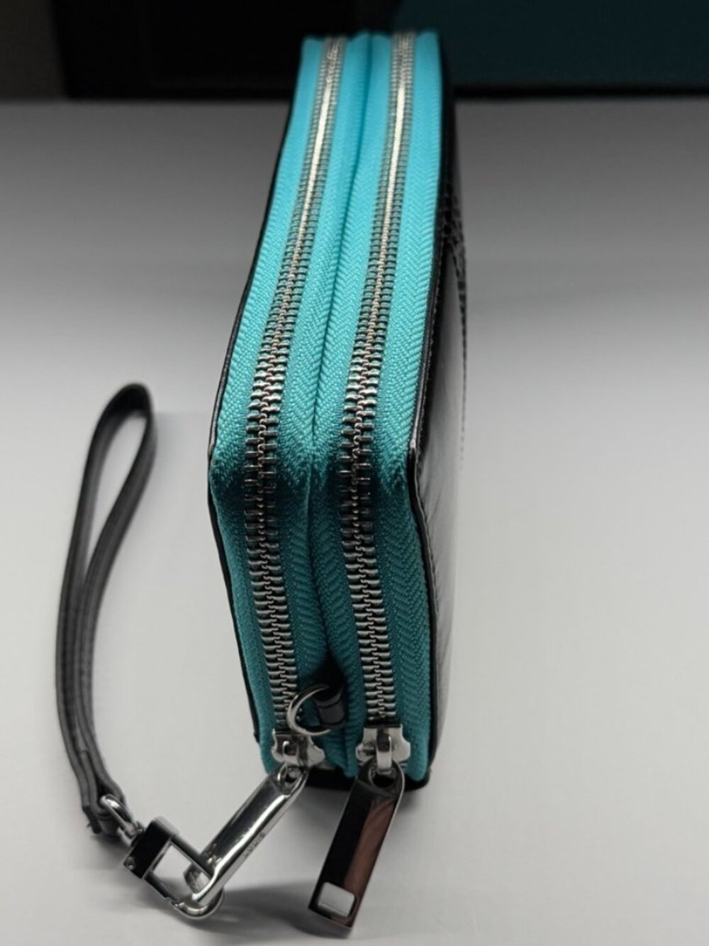 LODIS Black Leather Double Zip Wristlet Wallet Teal & Black Silver Hardware NWT
